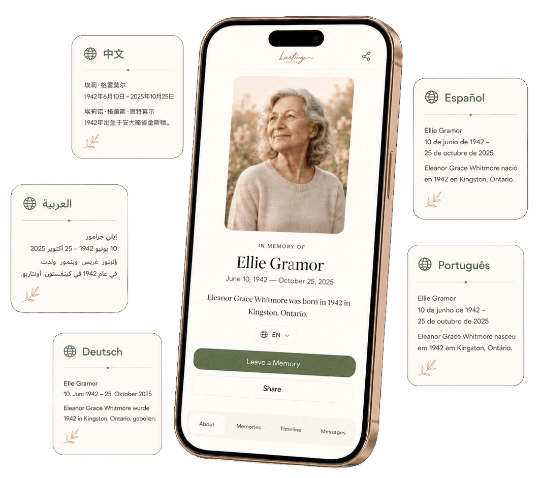 Smartphone showing a memorial profile with floating translation cards